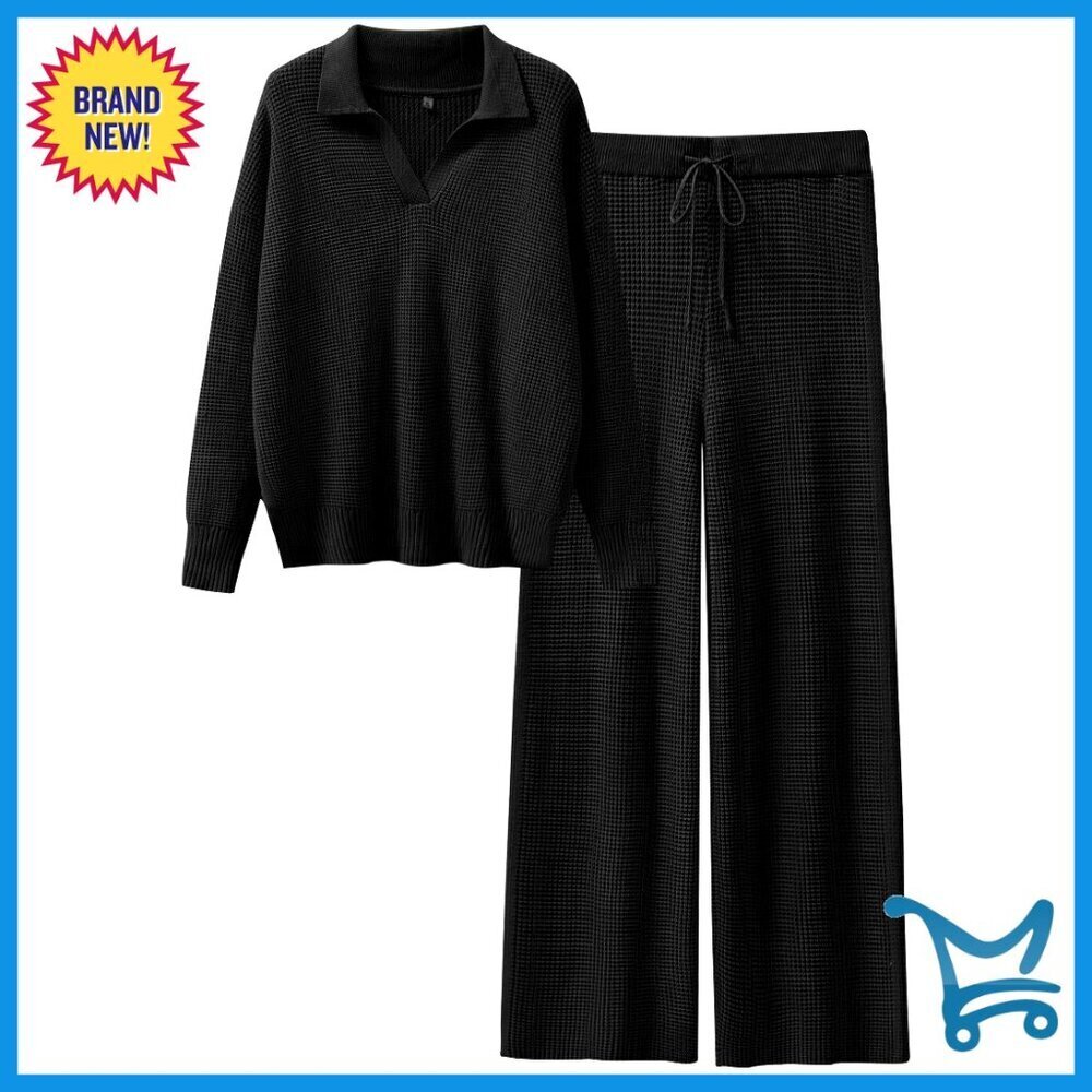 Waffle Knit Sweater Set Lounge Wear Wide Leg Pants Matching Outfit Cozy